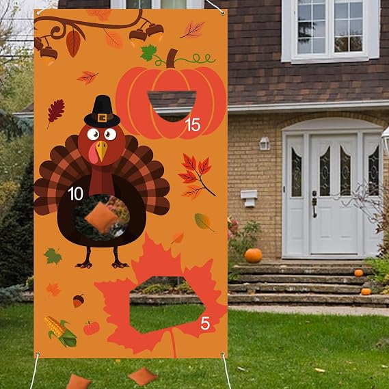 Thanksgiving Games - Thanksgiving Bean Bag Toss Game with 3 Bean Bags for Adults - Turkey Hanging Toss Game Banner Fall Thanksgiving Decorations Supplies