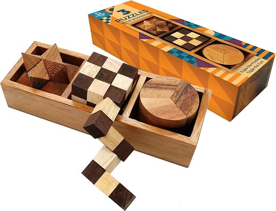 BSIRI 3 Puzzles in a Box - Wooden Brain Teaser Puzzle, 3D Mind Puzzle for Adults, Educational Senior Games, and Brain Games, Ideal for Birthday Gifts and Patio Decor