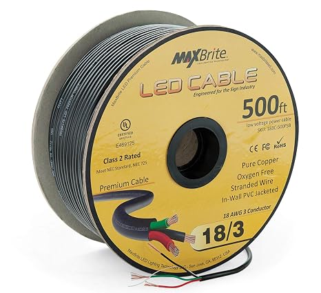 500 ft. 18AWG Low Voltage LED Cable 3 Conductor Black Sleeve in-Wall Speaker Wire UL Class 2 Certified