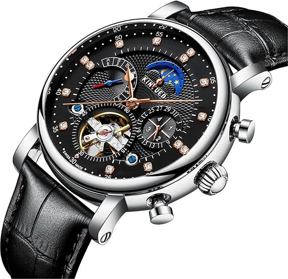 Mens Leather Watches Automatic Mechanical Skeleton Tourbillon Moon Phase Waterproof Luminous Diamond Luxury Self Winding Dress Wrist Watches