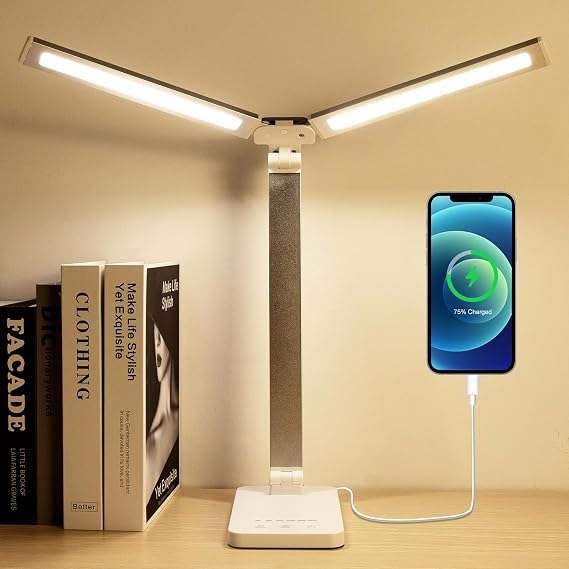 LAOPAO LED Desk Lamp, Dual Head Desk Light, 5 Levels Dimmable & 3 Color Modes Eye-Caring Table Light with USB Charging Port, Table Lamp for