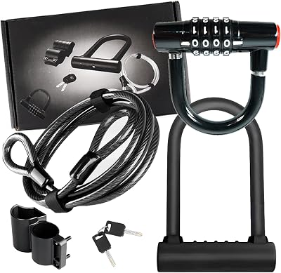 Bike Lock Set with 2 Types of Bicycle Locks, Bike U Lock with 4.9ft Security Steel Cable, Heavy Duty Anti Theft Bicycle U Lock with Mounting Bracket for Road, Mountain, Folding Bike and Scooter