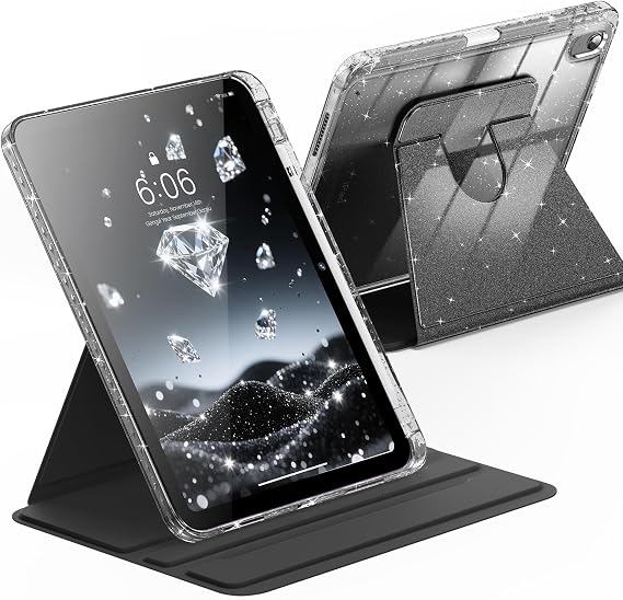 INFILAND Case for iPad A16 11-inch 11th Generation, iPad 10th Generation Case 10.9 Inch for Kids, Girls, 360 Rotating Cute Glitter Cover with Crystal Clear Back, Pencil Holder (Black)