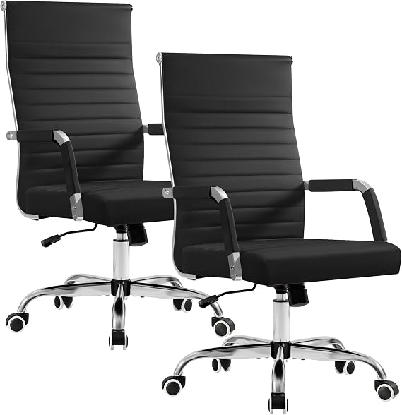 Furmax Ergonomic Office Desk Chair, Executive Ribbed Mid-Back PU Leather Conference Room Chair Adjustable Swivel Chair with Arms (2 pcs, Black)