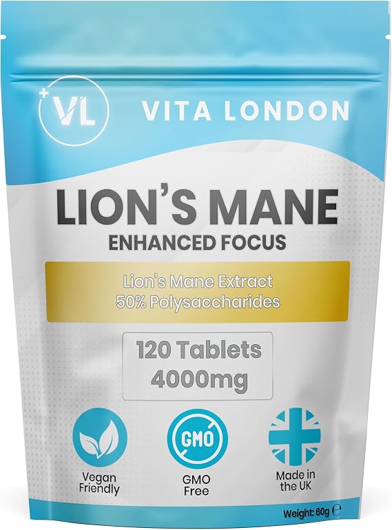 Lion's Mane Mushroom Supplement 4000mg | High Strength 12:1 Fruiting Body Extract | 120 Tablets (2 Month Supply) | Vegan, Made in UK