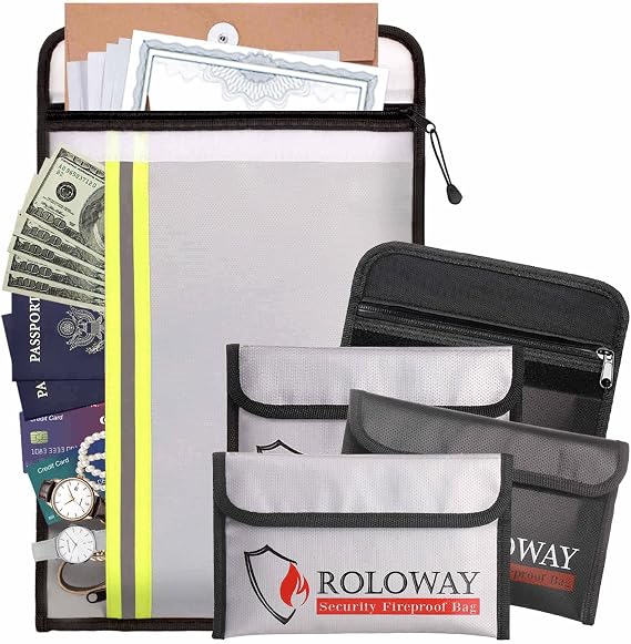 ROLOWAY Large Fireproof Document Bag with 2 Pockets & Fireproof Money Bag (4-Pack)