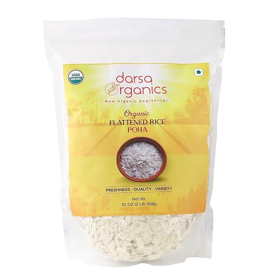 Darsa Organics Poha (Powa) 2 lb, Resealable Zipper Bag | Thick Flattened Rice with Fluffy Texture | USDA Organic Certified, Non-GMO, Vegan, Gluten-Free, Kosher | Healthy Breakfast & Snacks