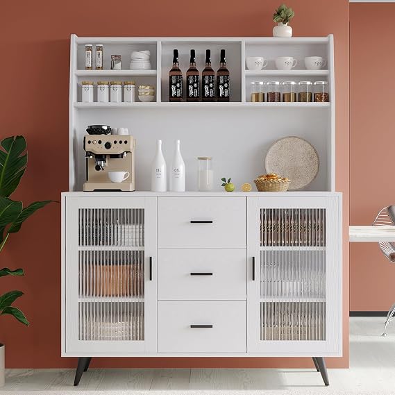VOWNER Kitchen Hutch Storage Cabinet, Modern Kitchen Pantry with Glass Doors and 3 Drawers, Freestanding Cupboard Sideboard Buffet Cabinet for Dinning Room, Living Room (White)
