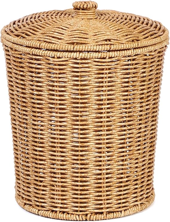 Yajuyi 1-Piece Woven Imitation Rattan Storage Basket with Lid, Round Laundry Hamper, Organizer Bin with Double Handles for Home, Bedroom, Laundry Room, Living Room, Brown, 23cm x 28cm