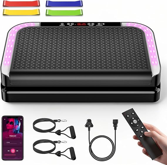 Vibration Plate Exercise Machine with 9 Programs, 200 Intensity Levels, Built-in Bluetooth Speaker, Remote Control, Resistance Bands & Ropes, Vibrating Plate for Weight Loss & Lymphatic Drainage