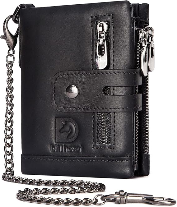 Mens Wallet with Chain Genuine Leather Purse RFID Blocking Bifold Double Zipper Coin Pocket with Anti-Theft Chain