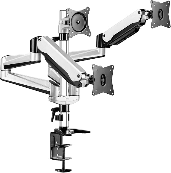 Triple Monitor Stand - Full Motion Aluminum Gas Spring Monitor Mount Fit Three 17 to 32 inch LCD Computer Screens with Clamp, Grommet Kit (Silver)