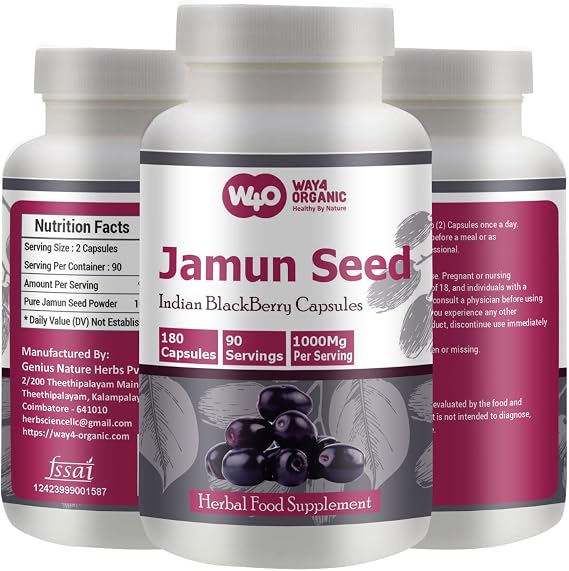 Jamun Seed Capsules - 180 Pills, 90 Servings, 1000 mg- (Indian BlackBerry - Eugenia Jambolana). Pack of 1
