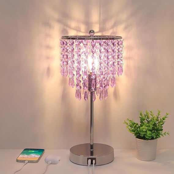 USB Bedside Crystal Lamp, 3 Way Dimmable Touch Nightstand Lamp with USB C+A Charging Ports, Lavender Table Lamps Decorative Accent Lamps Silver for Bedroom, Living Room, Office, B11 LED Bulb Included