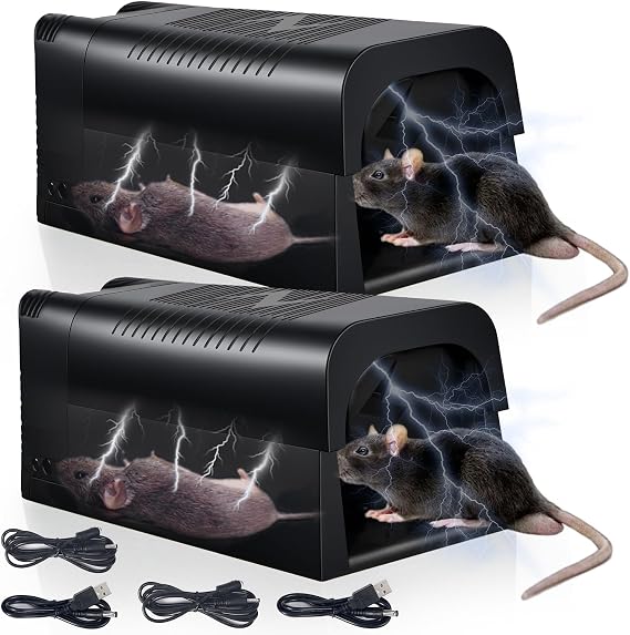 2 Pack Electric Mouse Trap Zapper Rat Traps Indoor for Home with Anti-Escape High Voltage Instantly Kills Mice Rats Chipmunks, No Touch Reusable Rodent Killer for Attic Kitchen Garage & Warehouse