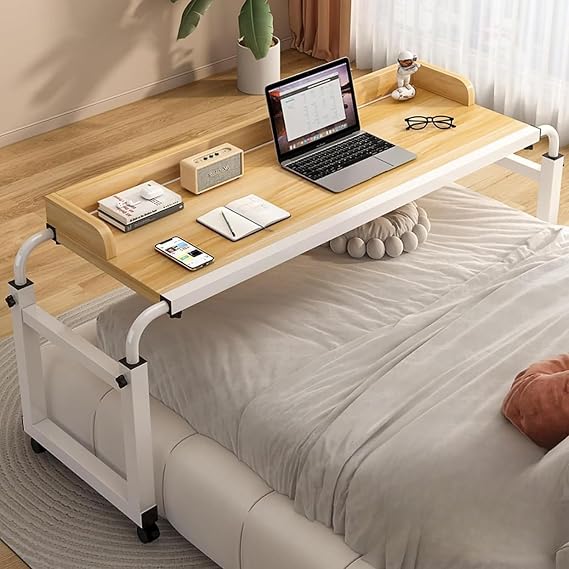 Adjustable Overbed Table, Over The Bed Table with Wheels,Overbed Desk, King Size Bed Table,Rolling Tray Table for Laptop and Writing for Living Room,Laptop Desk Over Bed T(Size:120cm,Color:Wood color)