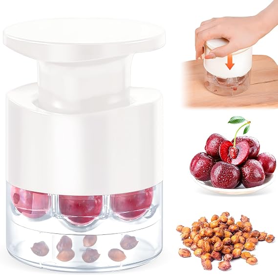 Cherry Pitter Multiple,2025 Quickly Release Multi Cherries Stoner Pitter,7-Hole Push Button Cherr'y Core Pit'ter Tool with Splatter Protector,Pit Seed Remover for Making Cherry Jam, White