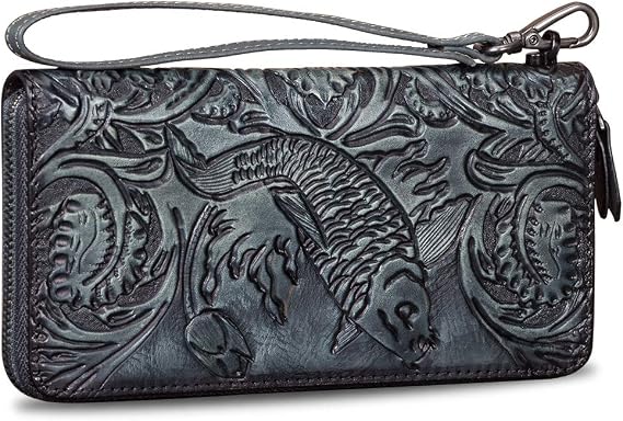 Genuine Leather Wallet Women's Zip Around Wristlet Long Purse Vintage Embossing Cowhide Capacity Handmade Clutch (Gray)