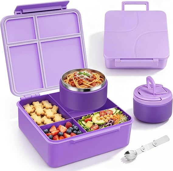 MAXSO Bento Lunch Box Set for Kids with 8 oz Soup Thermo, Leakproof Hot Food Container with 4 Compartments, Insulated Food Jar for Toddler Daycare Boys Girls School - Purple