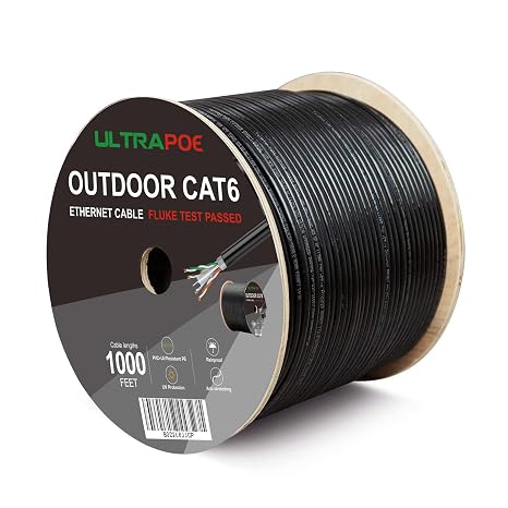 Cat 6 Direct Burial Ethernet Cable 1000ft, Outdoor Waterproof UV Resistant,23AWG Solid Bare Copper,550MHz,PoE++ (4PPoE), Unshielded UTP,CMX,Network Internet Wooden Axle Bulk Black, ETL Listed