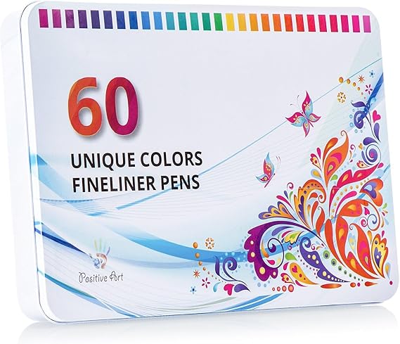 Positive Art Fineliner Coloring Pen Set 60 Unique Colors with Metal Case | Colorful Ultra Fine Tips 0.4 mm | Adult Coloring Books, Draw Pictures, Write Notes | Assorted Colors, 60 Colors