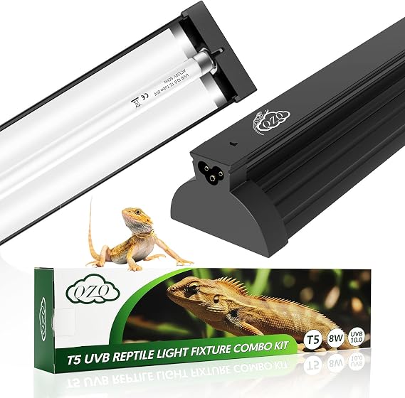 QZQ T5 UVB Reptile Light Fixture Combo Kit 8W, 10.0 UVB Light for Reptiles, Terrarium Hood  with Desert Reptile Lamp for Bearded Dragon, Gecko, Tortoise, Lizard