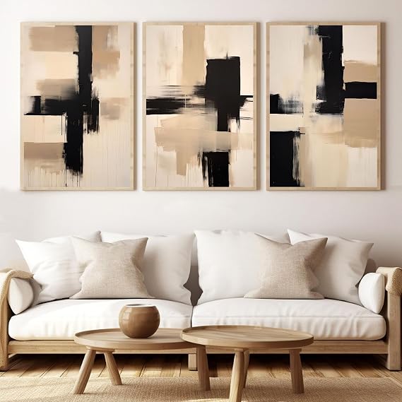 Modern Abstract Geometric Wall Art Neutral Abstract Painting Black White and Beige Abstract Wall Art for Living Room Beige Abstract Painting Minimalist Artwork Modern Abstract Prints 16x24inchx3 No Frame