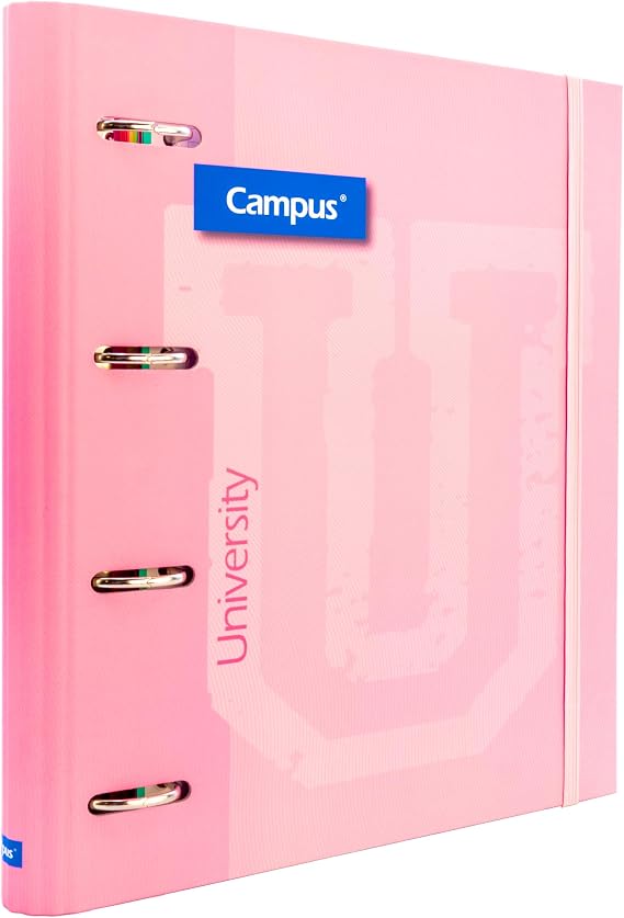 Campus 4 Ring Binder with Refill A4 100 Squared Sheets 5x5 with 5 Colour Bands, Elastic Rubber Closure, Folder with Extra Hard Cover (Pink)