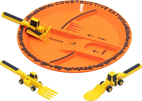 Constructive Eating Plate and Utensils Set - USA-Made Toddler Dinnerware with Divided Plates (Construction)