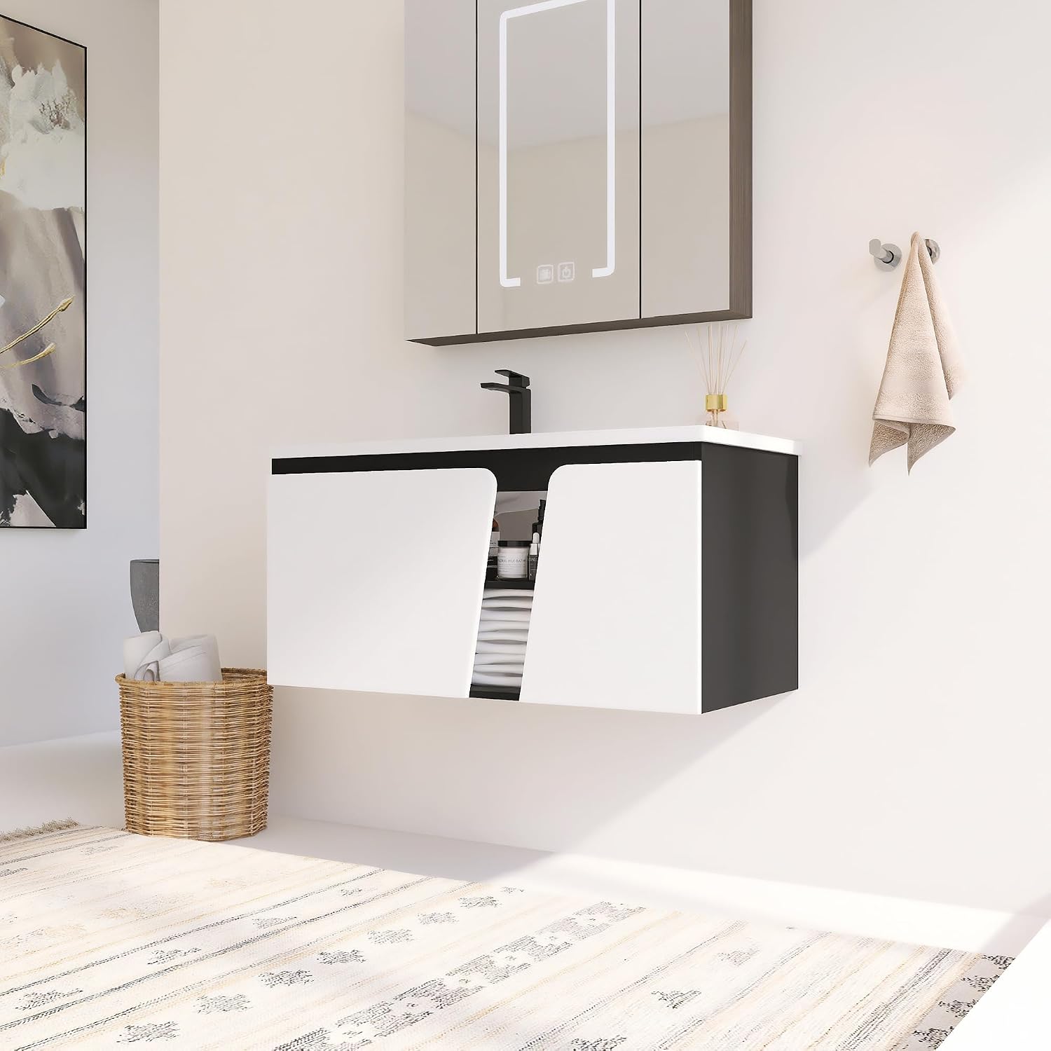 40 Inch Bathroom Vanity with Sink, 40 Floating Bathroom Vanity, Plywood Wooden Cabinet with Soft Close Doors, Modern Wall Mounted Cabinet Set, Ceramic Sink Included