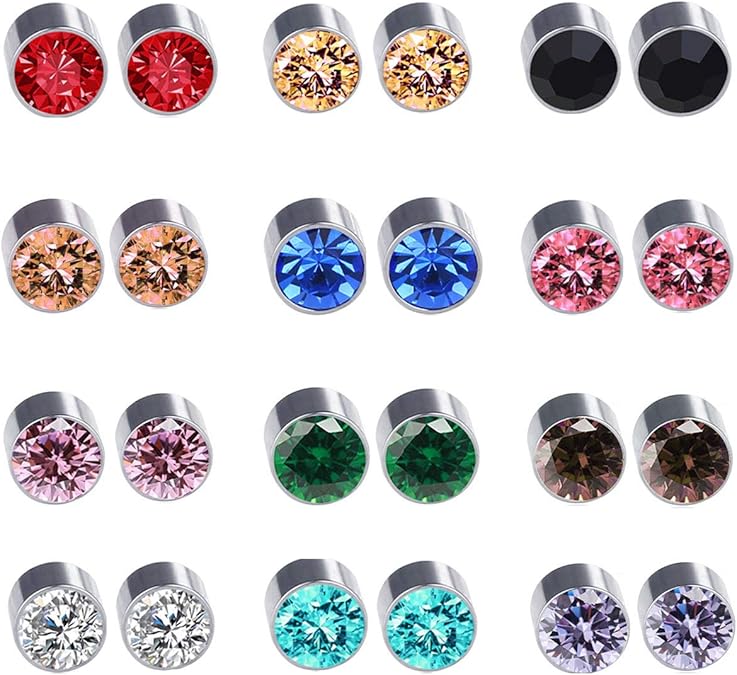 Spiritlele 12 Pairs Colors Crystal Magnetic Earrings Set Fake Stud Earrings Clip on Non Piercing Earrings Pack Unisex