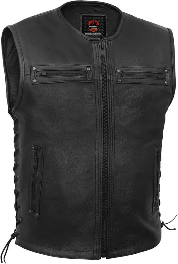 Daniel Smart Mens leather Vest Full Blacked out Style Soft leather Vest with Front Zipper, Side Laces and pockets (Small)