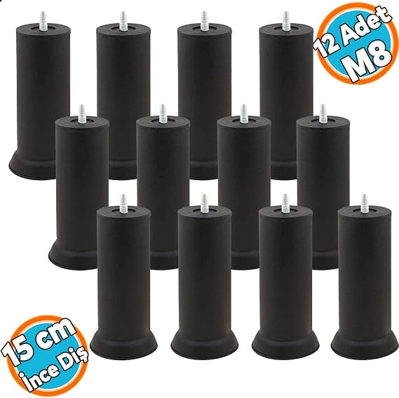 Mobilya Yükseltici Baza Metal Kanepe Koltuk Destek Ayağı M8 Civatalı İnce Diş Siyah Ayak 15 cm (12 ADET)