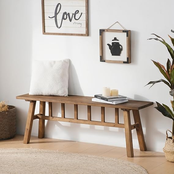 Wnutrees 51.2" Solid Wood Bench, Farmhouse Rustic Entryway Bench Seat for Dining Room, Hallway, End of Bed, Handcrafted Finish, Natural