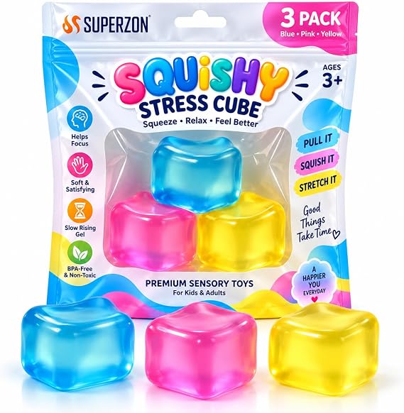 3 Pack Premium Stress Cube Squishy Toys - Slow Rising Gel Fidget Cube for Kids & Adults, ASTM Certified Easy Replacement Sensory Toy for Anxiety Relief, BPA-Free Soft Squeeze Ball (Blue Pink & Yellow)