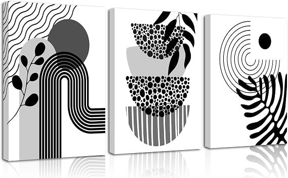 Boho Wall Art Mid Century Modern Decor Canvas Prints Set of 3 Framed | Black And White Grey Canvas Prints Minimalist Wall Art Geometric Line Leaf Canvas Artwork Paintings for Home Decor(12"x16")
