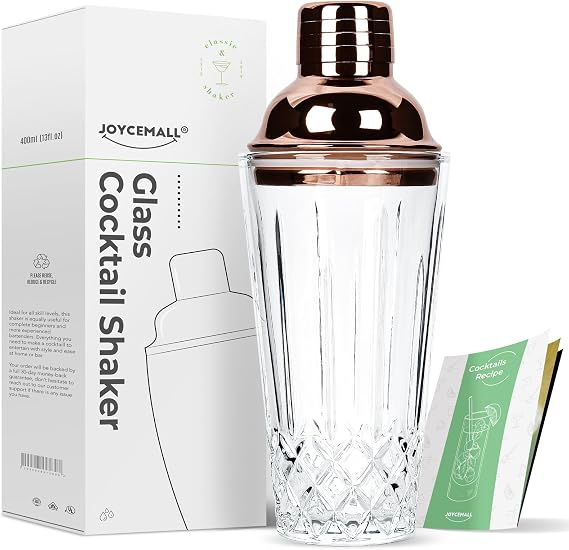 14.5oz Diamond Cut Glass Cocktail Shaker,Leakproof Rosegold Lid