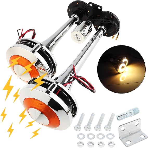 Air Horn for Truck, 12V/24V Dual Trumpet 300DB Super Loud Chrome Plated Air Horn Kit with LED Light for Car Truck Boat