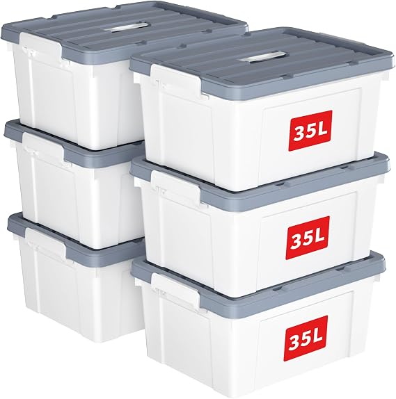 Cetomo 35L*6 Storage Boxes, Carry Plastic Storage Box with Lids, Organizing Container with Handle and Secure Latches, Nestable & Stackable Tote Box for Home Office, 35L-6 Pack, White