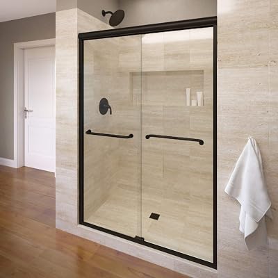 Basco Infinity Semi-Frameless Sliding Shower Door, Fits 43-47 inch opening, Clear Glass, Matte Black Finish