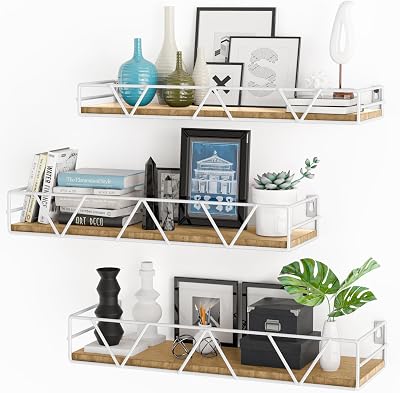 Floating Shelves Set of 3, Home Wood Wall Shelf, Farmhouse Shelf for Bedroom, Wall Mounted Floating Shelf for Living Room, Bedroom, Bathroom, Kitchen, Office White