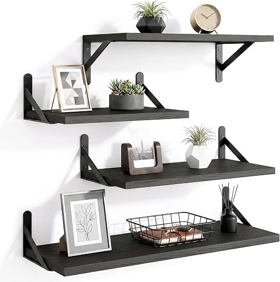 YGEOMER Wall Shelves, Black Floating Shelves Different Sizes for Living Room, Bathroom, Bedroom, Kitchen, Home Decor (Set of 4)