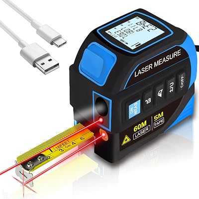 Menider 4-in-1 Laser Measure Tool - Digital LCD & Self-Locking, 196ft60m Laser & 16ft5m Tape, Cross Line & Dual-Axis Angle, Rechargeable for Pros