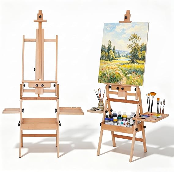 Wood H-Frame Easel, Large Painting Easel with Storage Box and Palette, Solid Beech Wood Made Professional Foldable Studio Art Easel Stand for Painting, Holds Canvas up to 50"