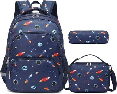 mygreen 3PCS Kids Backpack Set - Waterproof Bookbag with Lunch Box for Boys Ages 3-12, Adorable Cartoon Prints for School & Outdoor Use Dark Blue Rocket