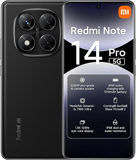 XIAOMI Redmi Note 14 Pro 5G + 4G LTE (for Tmobile Mint Tello & Global) (512GB + 12GB) NFC 6.67" 120Hz 200MP Pro AI Camera Model 24090RA29G Unlocked Dual Sim (Midnight Black)
