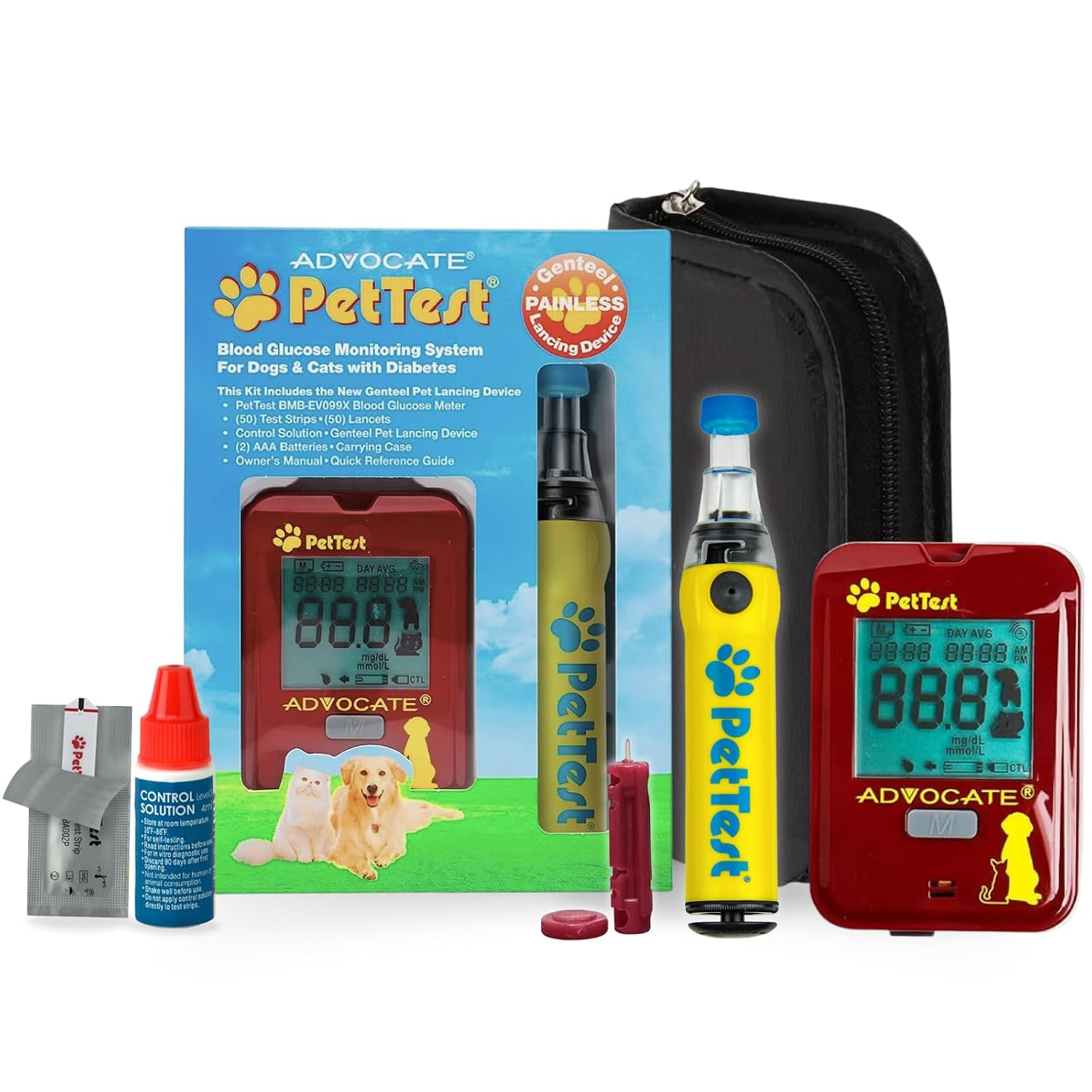 PetTest Painless Glucose Monitoring Kit for Dogs & Cats, Diabetic Pet Blood Sugar Check Gear, Includes Classic Meter, 50 Test Strips, Genteel Lancing Device, 50 Lancets, Soft Carrying Case, and More