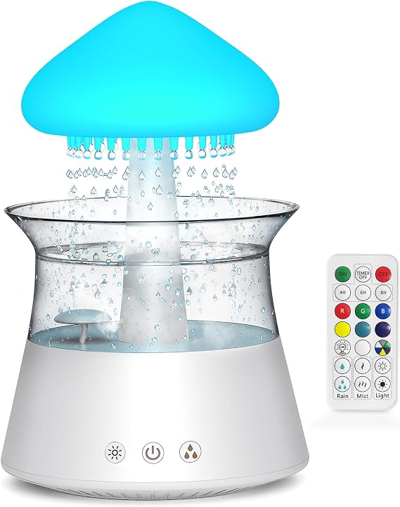 Diffuserlove Cloud Humidifier with Remote Control, Waterfall Lamp, Mushroom Design, Rain Sounds, White Noise, Air Humidifier for Bedroom & Desk