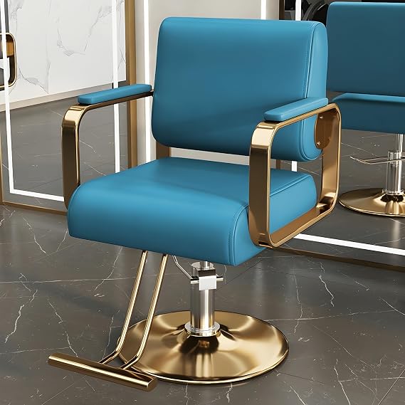 Salon Chair for Hair Stylist, Comfortable Upholstered Leather Styling Chair with Swivel Feature for Hair Salons (Gold, Blue)