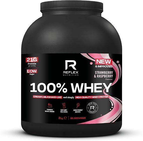 Reflex Nutrition 100% Whey Protein, 80% Pure Whey, EAA Amino Acids, No Added Sugar, Pre & Post Workout (Strawberry & Raspberry, 2kg)